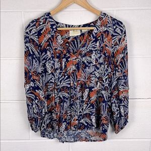 Anthropologie Maeve Cathy pleated v-neck jungle bird print blouse